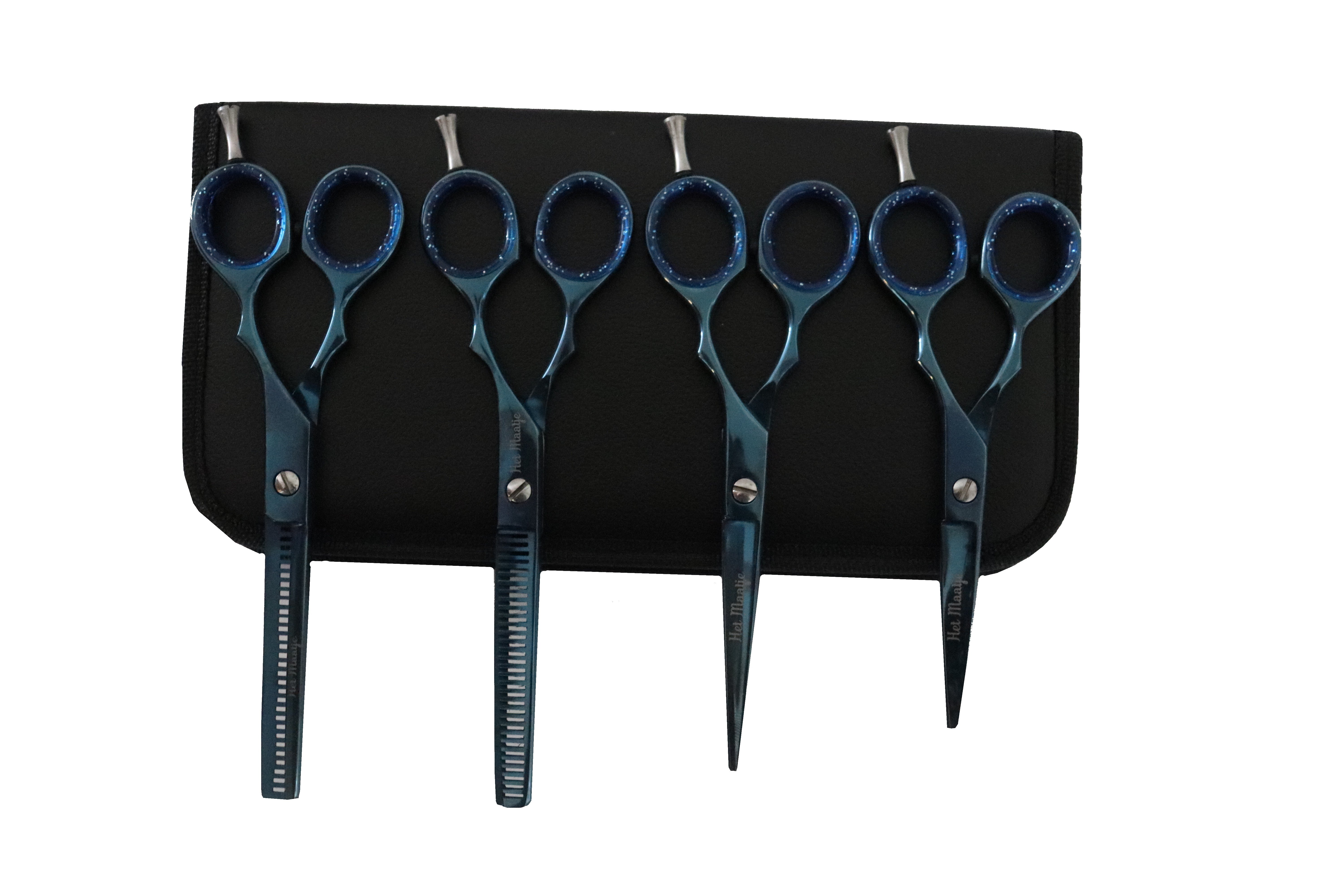 Luxe scharenset het Maatje in de kleur blauw: etui, potenschaar, rechte schaar en effileerscharen